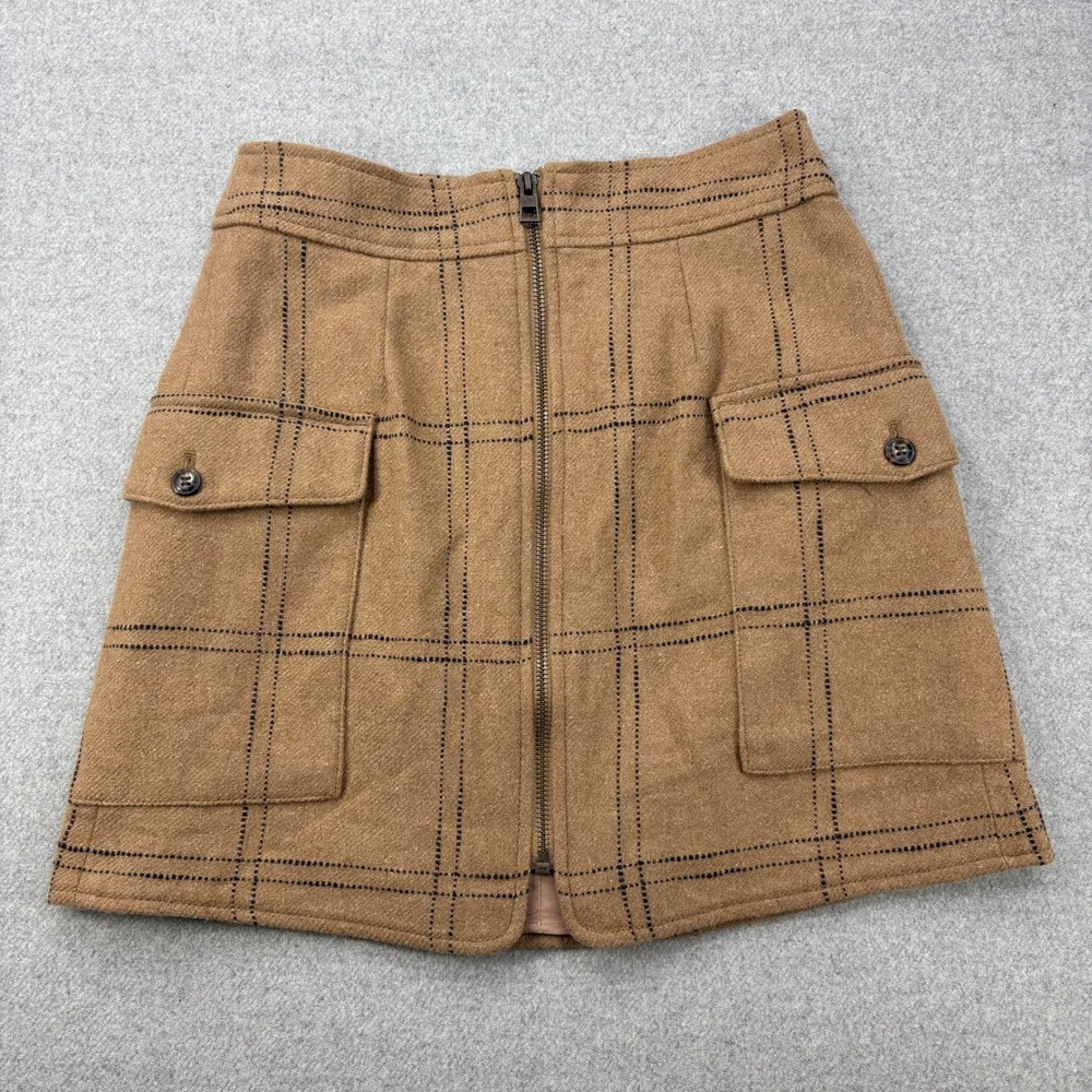 Madewell‎ Brown Plaid Wool Blend Mini Skirt Full Zip Front Pockets Size 0